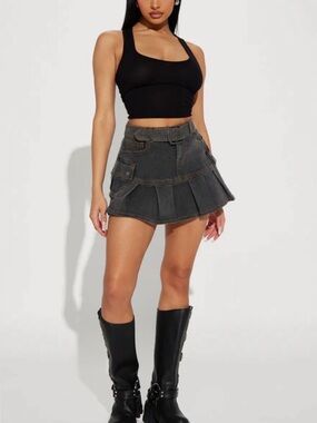 Fashion Nova Lack Of Love Pleated Denim Mini Skirt - Grey
